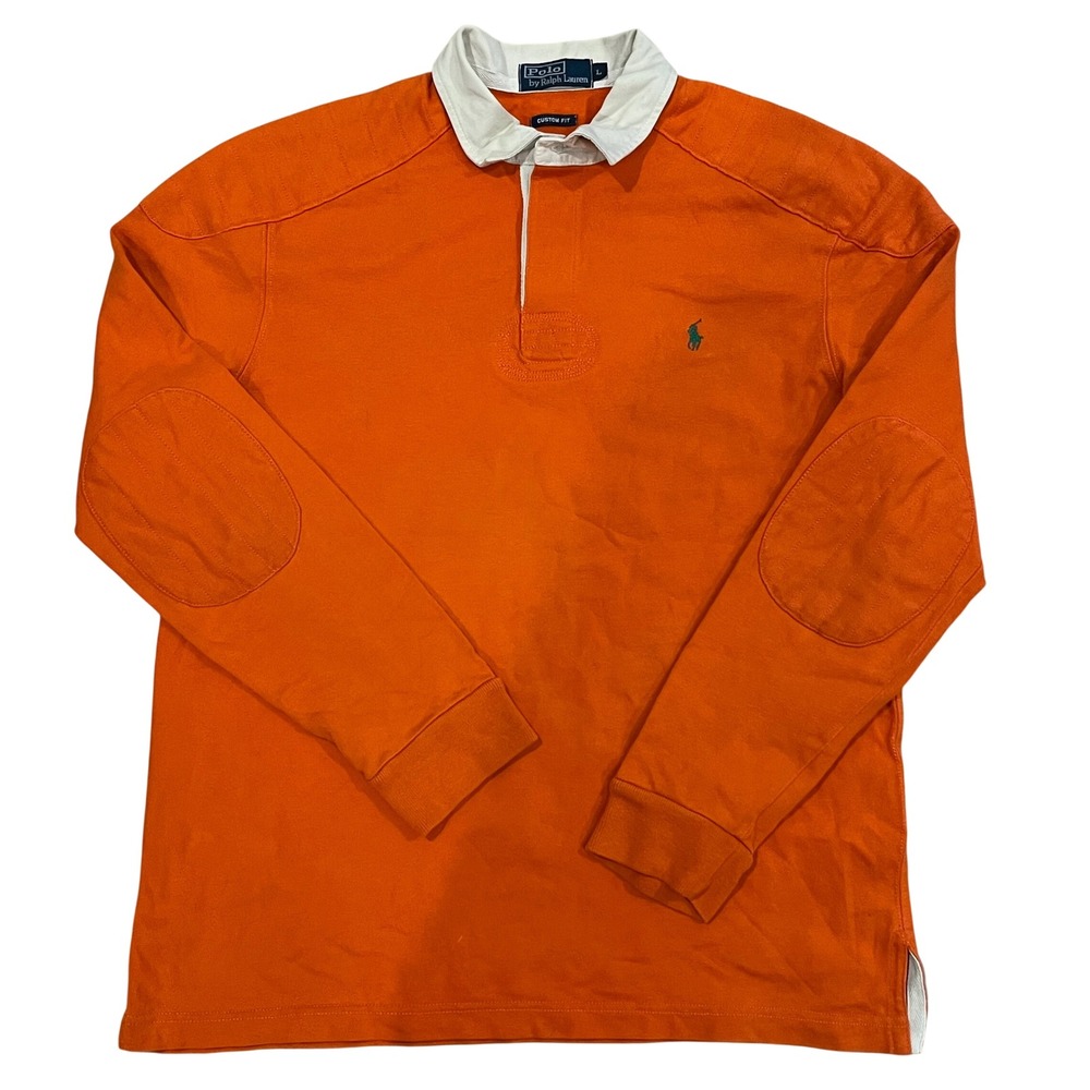 Vintage Polo Ralph Lauren Men Orange Long Sleeve Rugby Shirt Elbow Patches Large